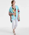 Jm Collection Womens Satin Kimono Floral Print Mixed Media Top Exclusively At Macys In Teal Spark