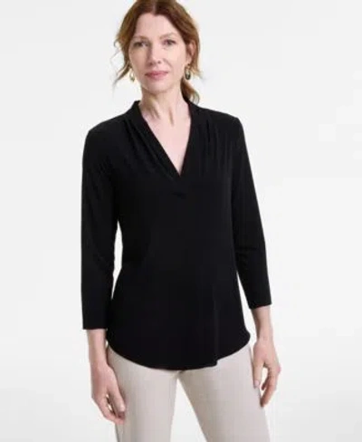 Jm Collection Womens Solid 3 4 Sleeve V Neck Knit Top P P 4x Created For Macys In Black