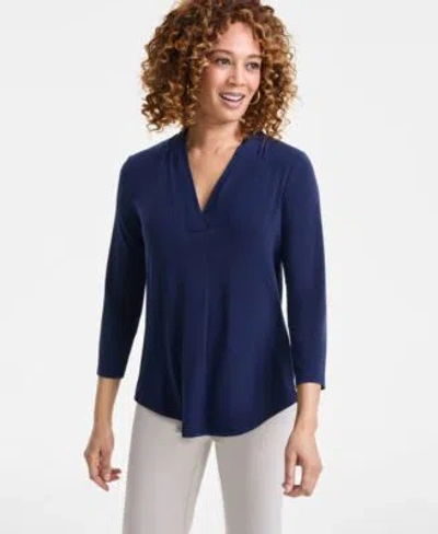 Jm Collection Womens Solid 3 4 Sleeve V Neck Knit Top P P 4x Created For Macys In Blue