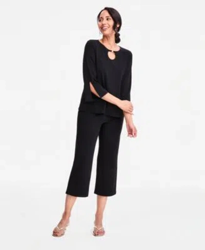 Jm Collection Womens Split Sleeve Keyhole Neck Top Relaxed Pull On Knit Culottes Macys Exclusive In Black