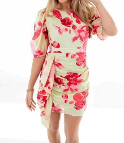 J.marie Alara Puff Sleeve Ruched Dress In Yellow In Pink
