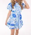 J.marie Delayney Tie Dress In Blue/white In Blue