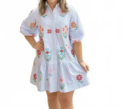 J.marie Hunter Striped Dress With Embroidery In Blue/white