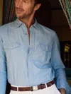 J.mclaughlin Men's Ace High Woven Chambray Shirt Light Denim Blue In Blue