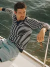 J.mclaughlin Men's Amalfi Polo Sweater In Stripe Navy/egret White In Brown