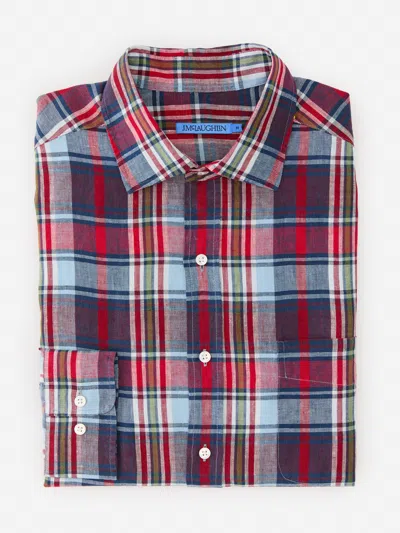 J.mclaughlin Men's Gramercy Classic Fit Linen Shirt In Plaid Red/blue/white In Multi