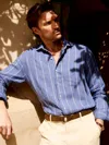 J.mclaughlin Men's Gramercy Classic Fit Linen Shirt In Wide Stripe Blue/white In Animal Print