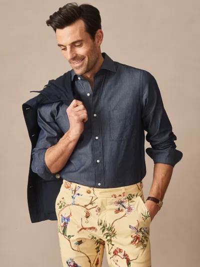 J.mclaughlin Men's Gramercy Cotton Chambray Shirt Dark Chambray In Blue