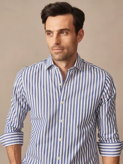 J.mclaughlin Men's Gramercy Cotton Shirt In Awning Stripe Blue/white In Multi