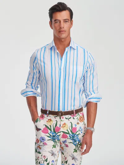 J.mclaughlin Men's Gramercy Cotton Shirt In Coastal Waterline White/blue