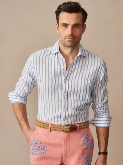 J.mclaughlin Men's Gramercy Linen Shirt In Awning Multi Stripe White/blue/sky Blue