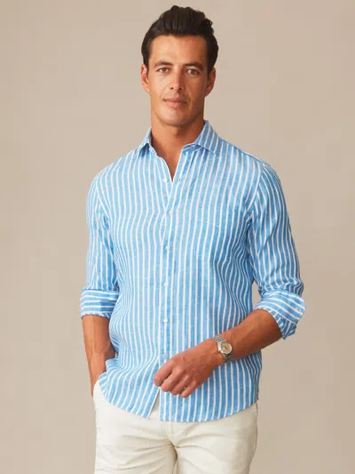 J.mclaughlin Men's Gramercy Linen Shirt In Dobby Stripe Sky Blue/white