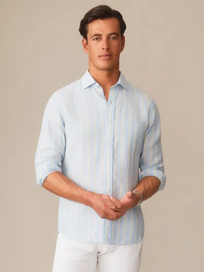 J.mclaughlin Men's Gramercy Linen Shirt In Dobby Stripe Sky/yellow In Blue
