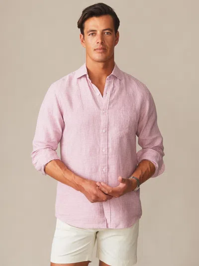 J.mclaughlin Men's Gramercy Linen Shirt In Micro Gingham Red/white In Pink