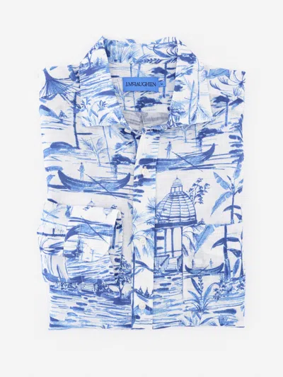 J.mclaughlin Men's Gramercy Linen Shirt In Mini Seaforth Off White/navy In Multi