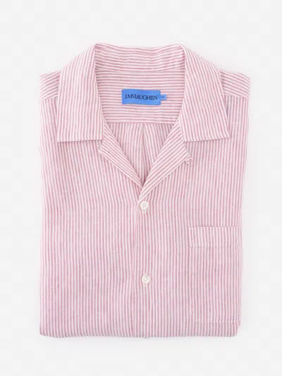 J.mclaughlin Men's Montauk Linen Shirt In University Stripe Maroon/white In Pink