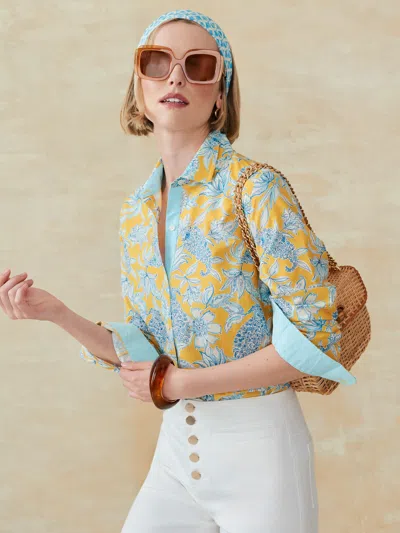 J.mclaughlin Women's Britt Silk Cotton Shirt In Paisley Petals Yellow/blue/off White In Multi