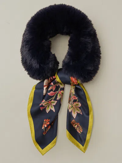 J.mclaughlin Women's Camille Faux Fur Neckwarmer In Heirloom Botanica Square Faded Navy | Silk