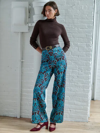 J.mclaughlin Women's Carter Dupioni Cotton Pants In Windsor Vine Dark Brown/aqua In Blue