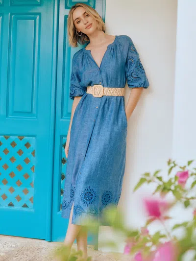J.mclaughlin Women's Charlotta Embroidered Linen Dress Denim Blue