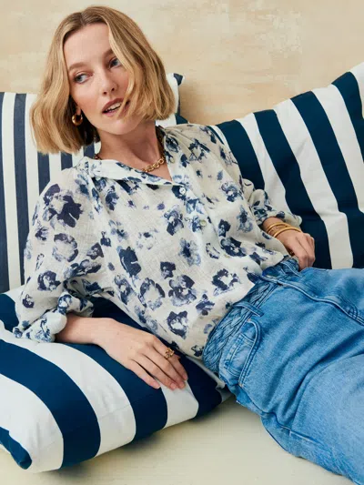 J.mclaughlin Women's Constance Linen Blouse In Painted Leopard White/blue In Multi
