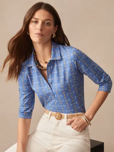 J.mclaughlin Women's Court 3/4 Sleeve Polo In Dover Dressage Geo Blue/gold