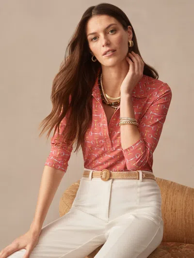 J.mclaughlin Women's Court 3/4 Sleeve Polo In Dover Dressage Geo Coral/gold In Red