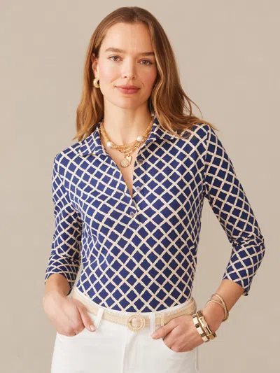 J.mclaughlin Women's Court 3/4 Sleeve Polo In Micro Bamboo Navy/sand In Metallic