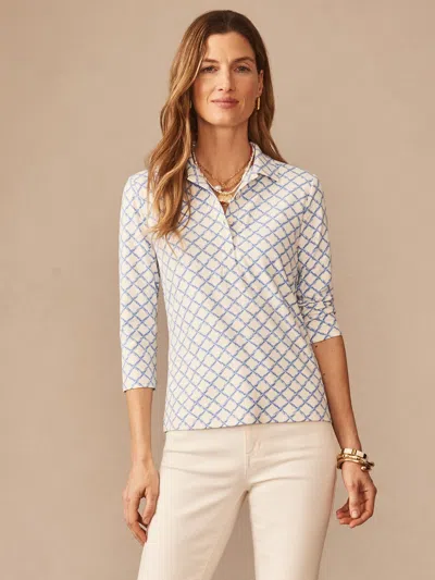 J.mclaughlin Women's Court 3/4 Sleeve Polo In Micro Bamboo Off White/blue