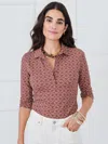 J.mclaughlin Women's Court 3/4 Sleeve Polo In The Wild Geo Brown In Burgundy