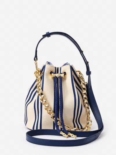 J.mclaughlin Women's Daisy Canvas Bucket Bag In Stripe Nautical Navy/saddle | Cotton/leather In Blue