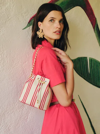 J.mclaughlin Women's Daisy Canvas Bucket Bag In Stripe Red Poppy/saddle | Cotton/leather In Neutral