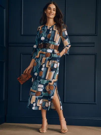 J.mclaughlin Women's Eldridge Dress In Midi Abstract Expressionism Navy/brown/aqua In Blue