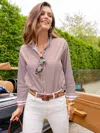 J.mclaughlin Women's Finn Shirt With Ribbon Trim In Stripe White/brown In Animal Print