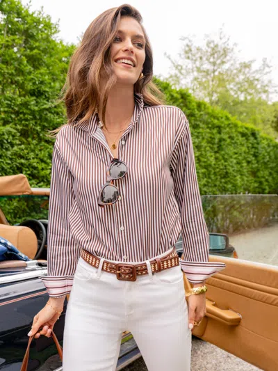 J.mclaughlin Women's Finn Shirt With Ribbon Trim In Stripe White/brown In Animal Print