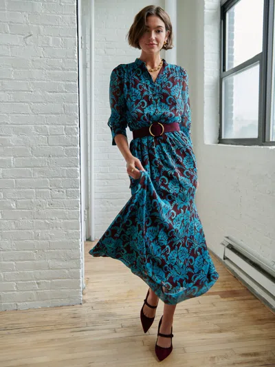 J.mclaughlin Women's Hannah Silk Chiffon Dress In Windsor Vine Dark Brown/aqua In Blue