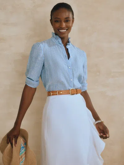 J.mclaughlin Women's Julian Linen Shirt In Stripe Mid Blue/white In Multi