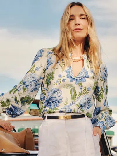 J.mclaughlin Women's Maeve Silk Blend Blouse In Cerulean Garden Off White/blue/green In Multi