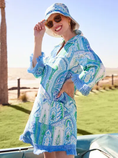 J.mclaughlin Women's Maya Terrycloth Dress In Moroccan Paisley Grass/lapis Blue