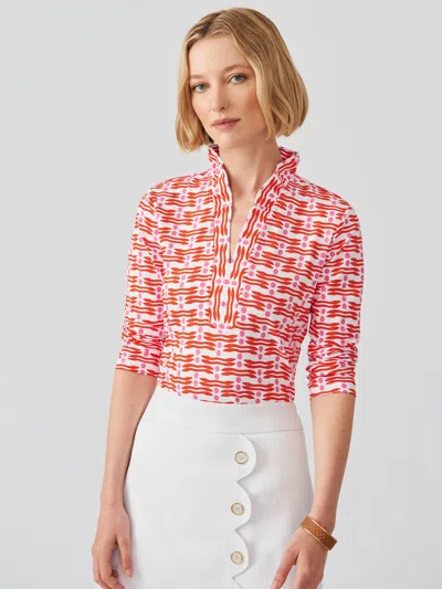 J.mclaughlin Women's Sahara Ruffle Top In Edition Dot White/pink/red