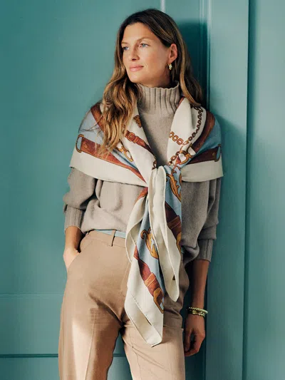 J.mclaughlin Women's The Charlotte Scarf In Gilded Bridle Border Off White/light Blue | Cashmere/silk