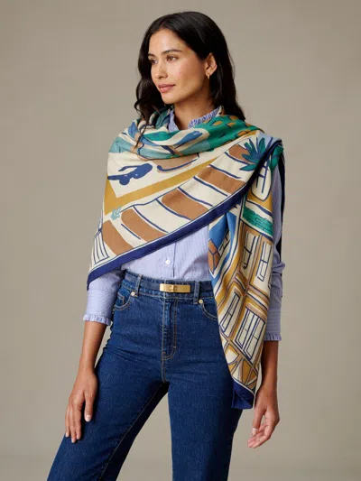 J.mclaughlin Women's The Charlotte Scarf In Village Stroll Border Cream/navy | Cashmere/silk