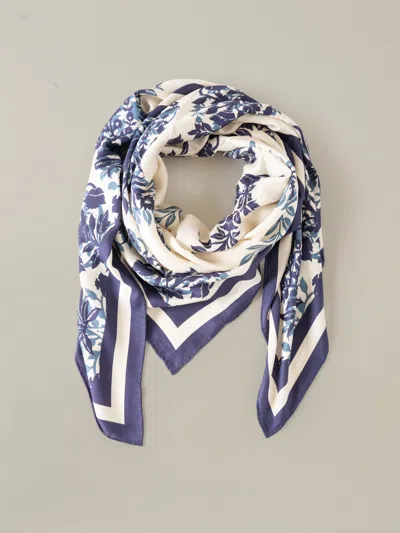J.mclaughlin Women's The Magic Silk Twill Scarf In Manor Motif Border Cream/teal Blue