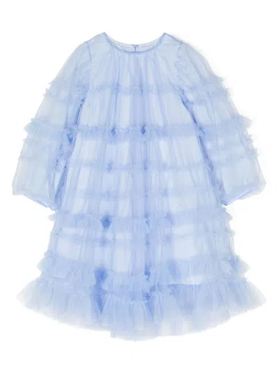 Jnby By Jnby Kids' Meshed Ruffled Long Sleeve Dress In Blue