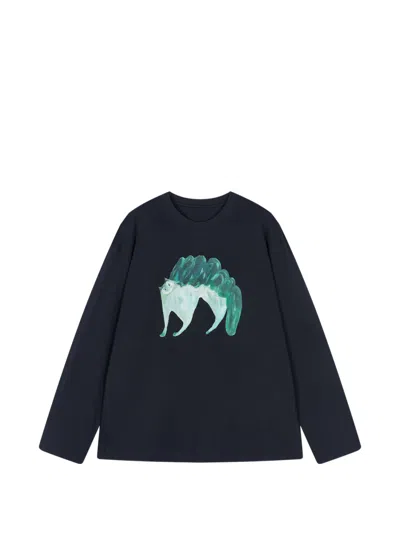 Jnby Cat-print Long-sleeve T-shirt In Black