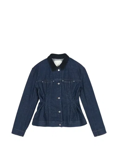 Jnby Corduroy-collar Cinched-waist Denim Jacket In Blue