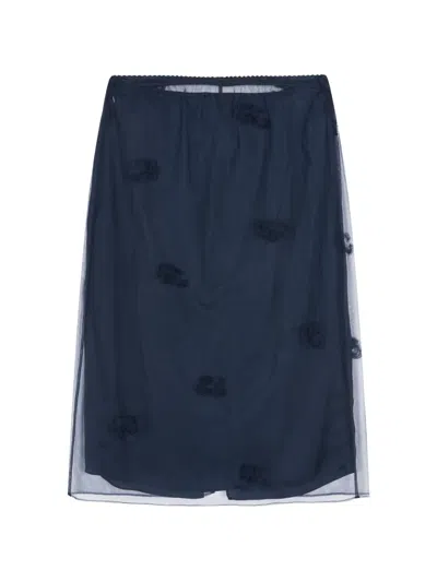 Jnby Embroidered Mesh-overlay Midi Skirt In Blue