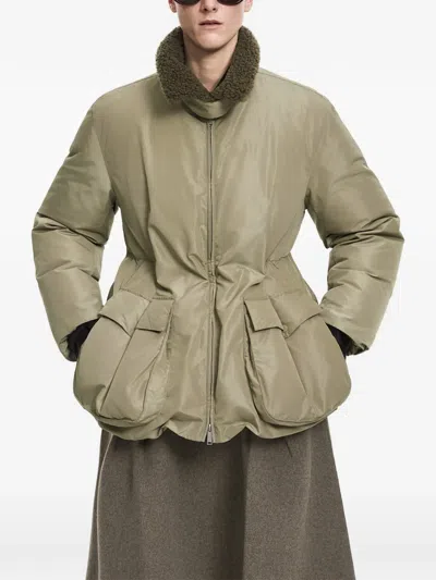 Jnby Fleece-collar Drawstring-waist Puffer Jacket In Green