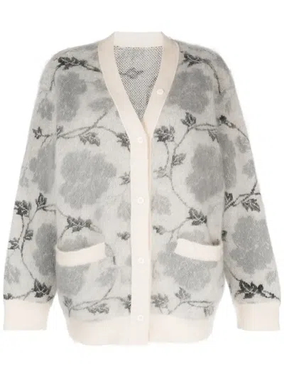 Jnby Floral Intarsia-knit V-neck Cardigan In White