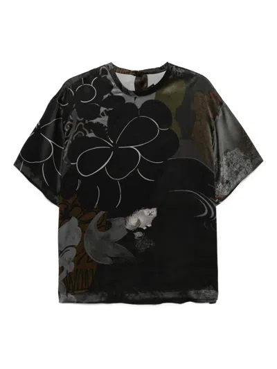 Jnby Floral-print Silk T-shirt In Black